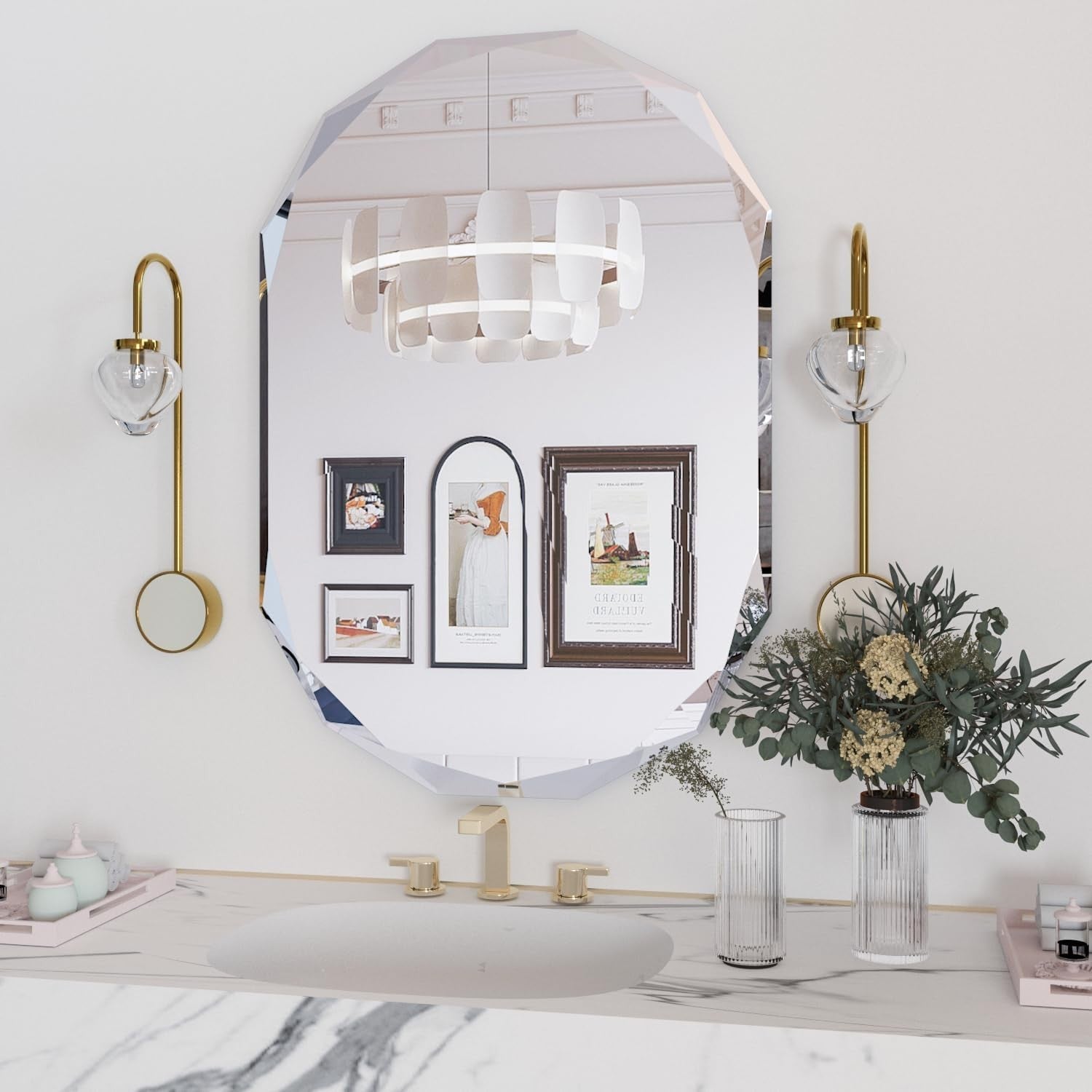 Oval Frameless Bathroom Mirror 90x60 cm Beveled Edge Vanity Wall