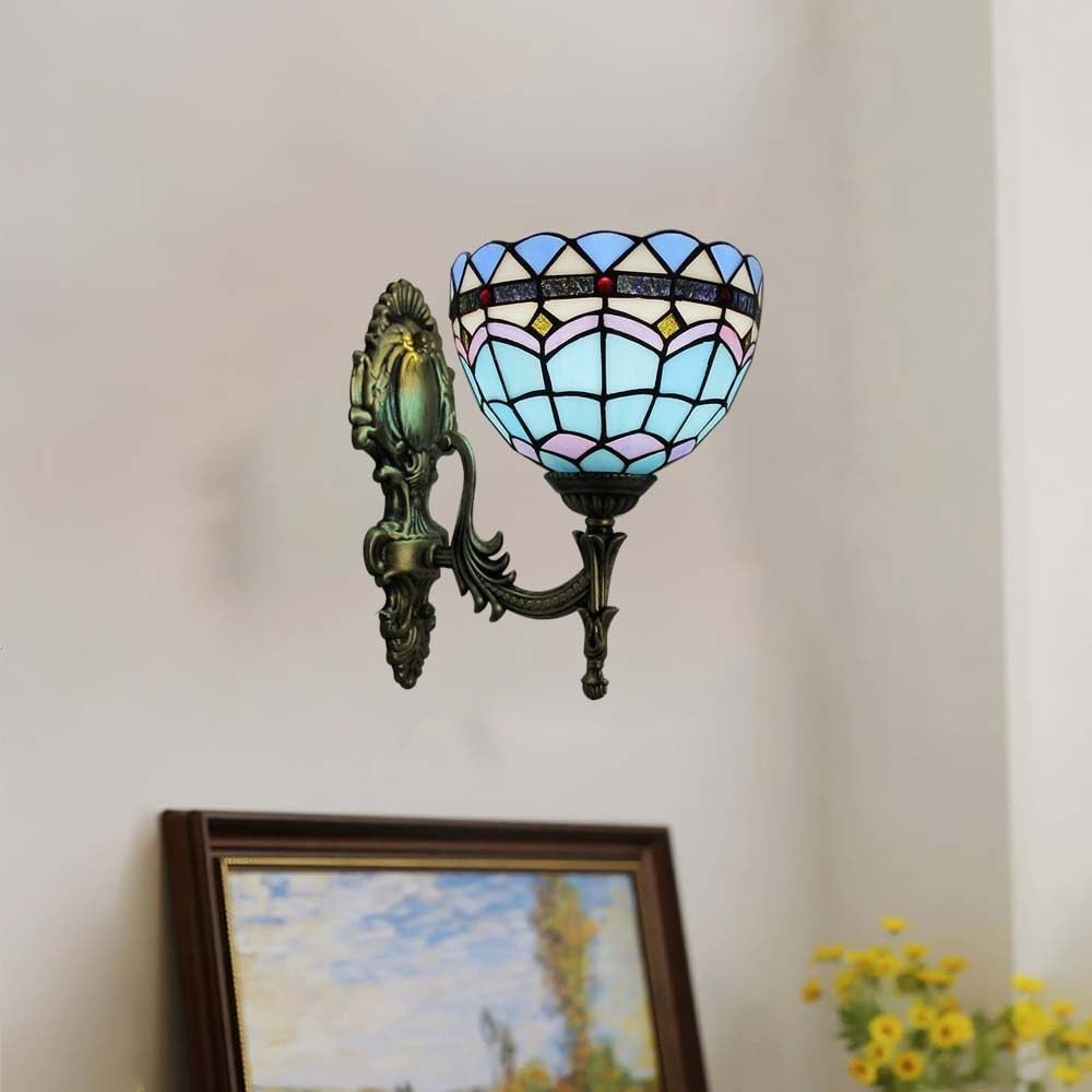 Vintage Wall Light Indoor Lamp with Stained Glass Shade, 28cm Tall