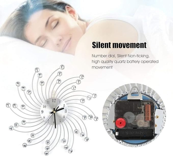 Stylish Silver 3D Crystal Wall Clock Silent Modern Diamond Design 30cm Home