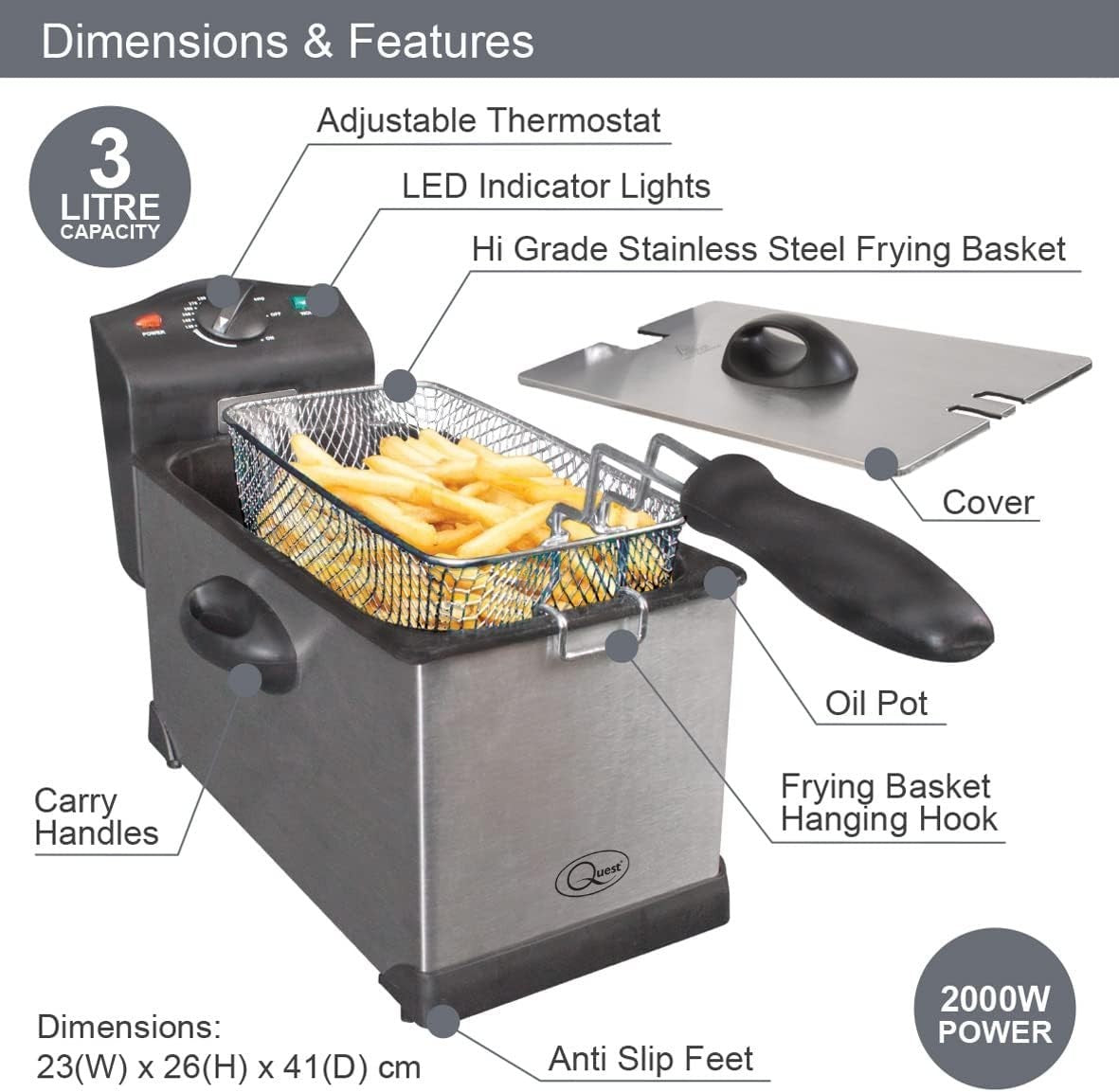 3L Deep Fat Fryer 2000W Stainless Steel Electric Chip Fryer Easy Clean