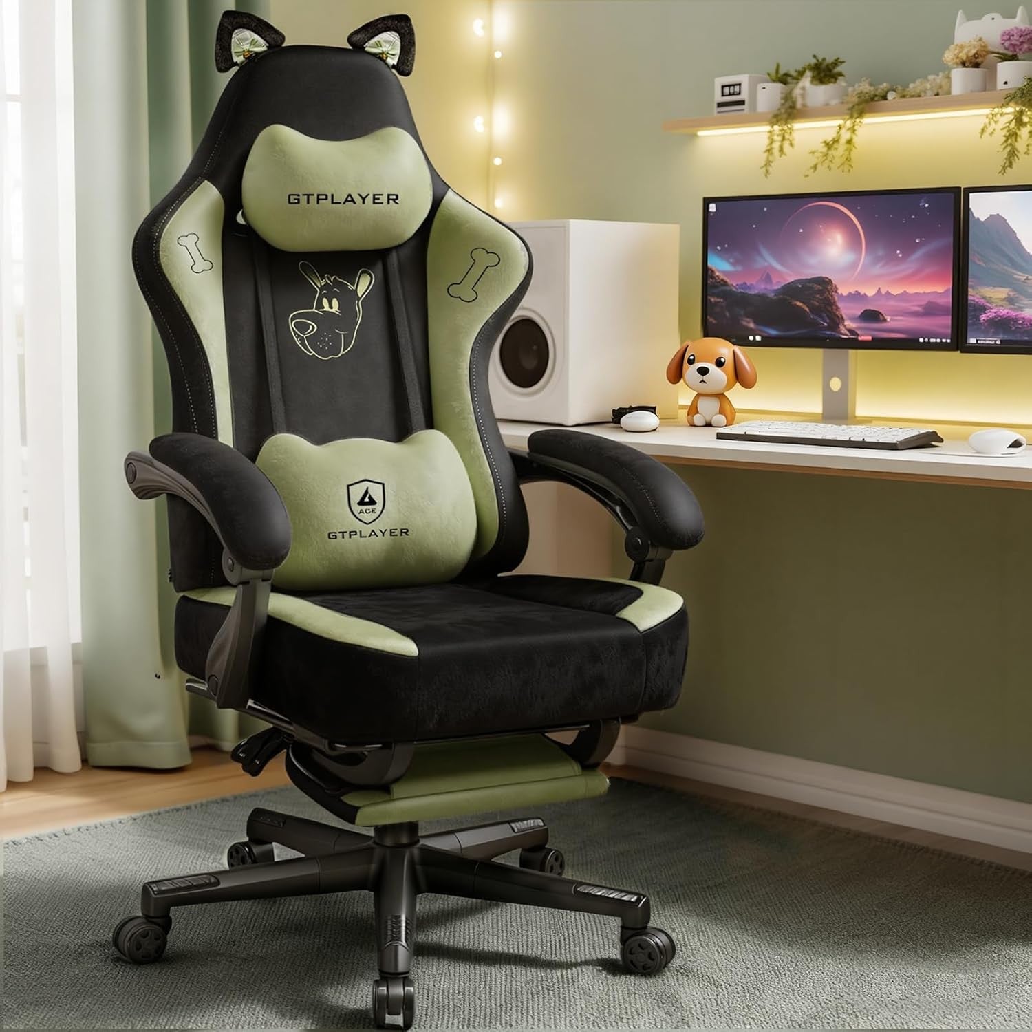 Reclining Gaming Chair w/ Footrest Cat Ears Suede Green