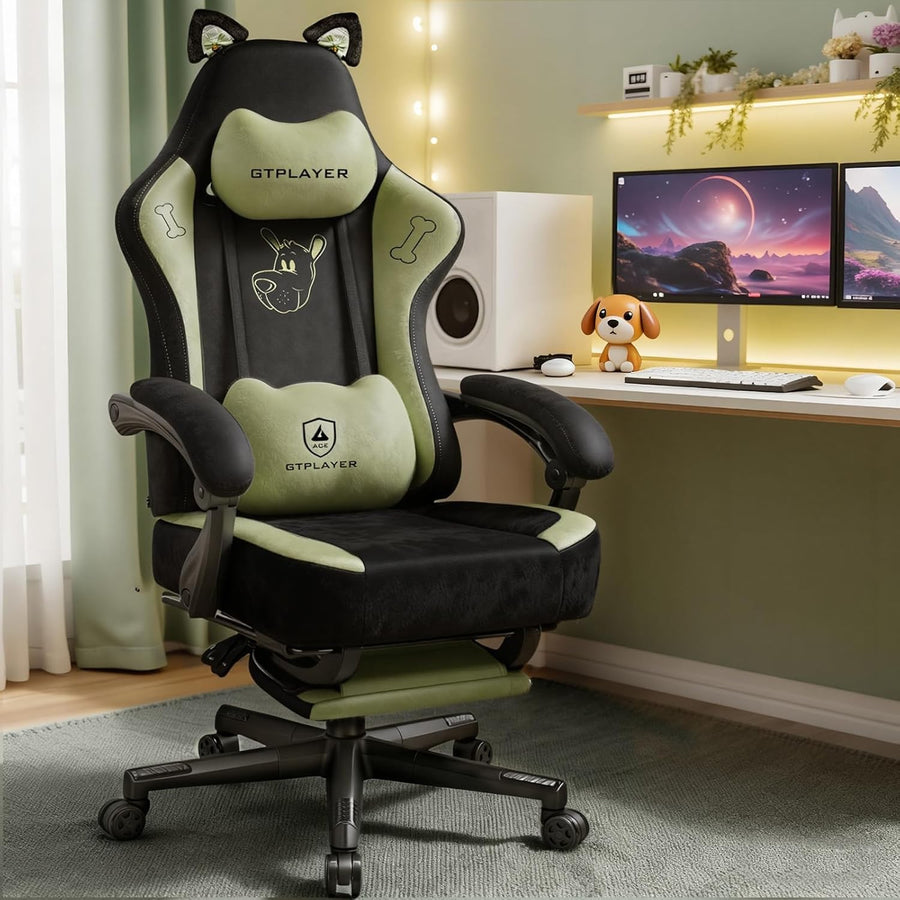 Reclining Gaming Chair w/ Footrest Cat Ears Suede Green
