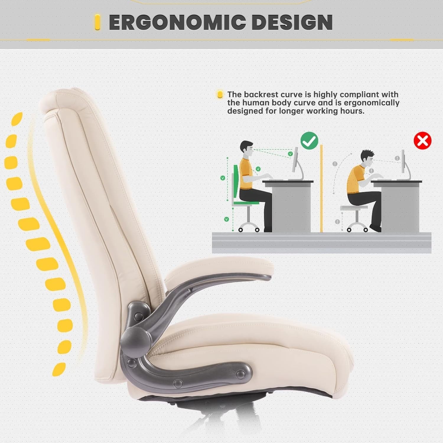 Big & Tall Office Chair Ergonomic Desk Seat 400lbs Wide PU Leather Ivory