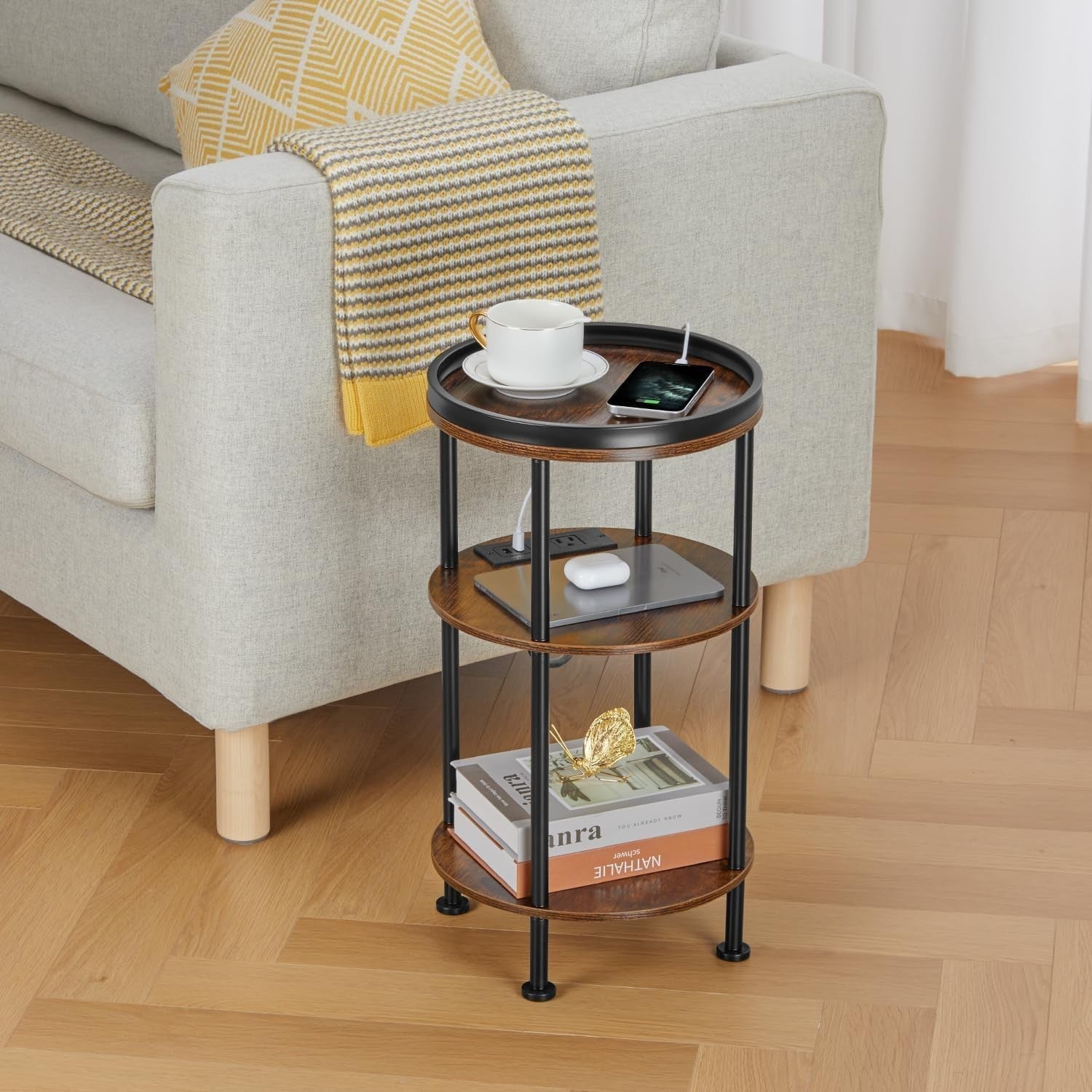 Small Round End Table with USB & Power Outlets, 3-Tier Rustic Side Table