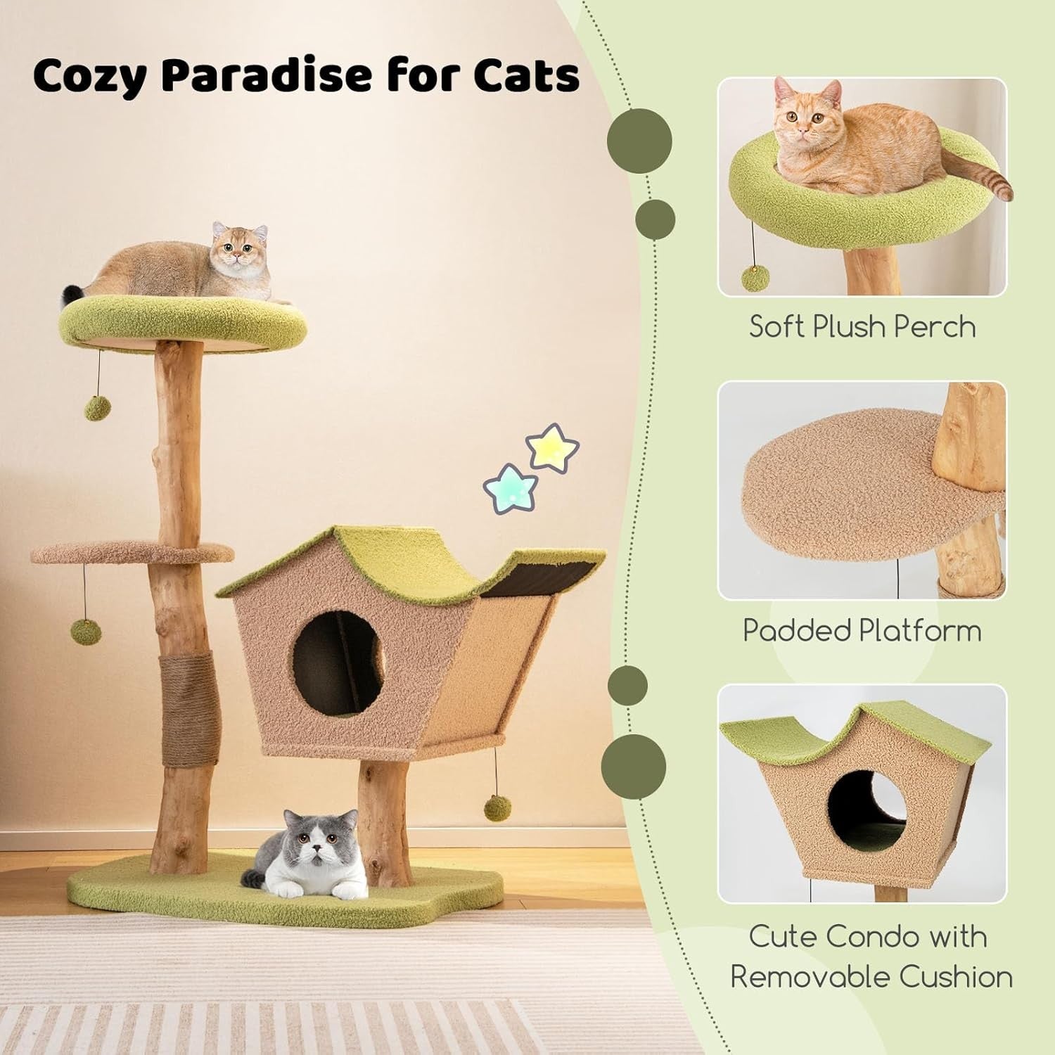 113cm Wooden Cat Tree Green with Condo Scratching Posts Top Perch Indoor Tower