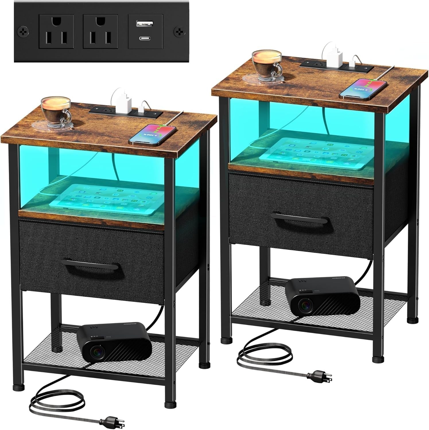 Set of 2 Rustic Brown LED Bedside Tables with Drawer, USB Ports & Power Outlets