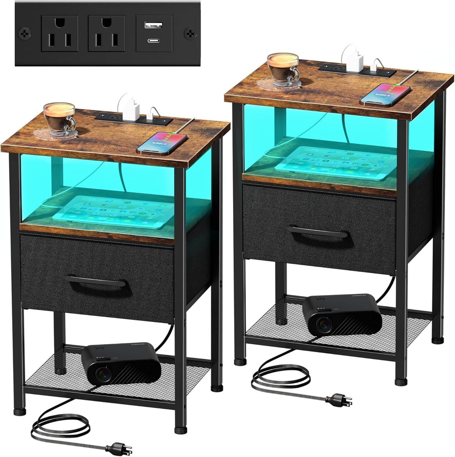 Set of 2 Rustic Brown LED Bedside Tables with Drawer, USB Ports & Power Outlets