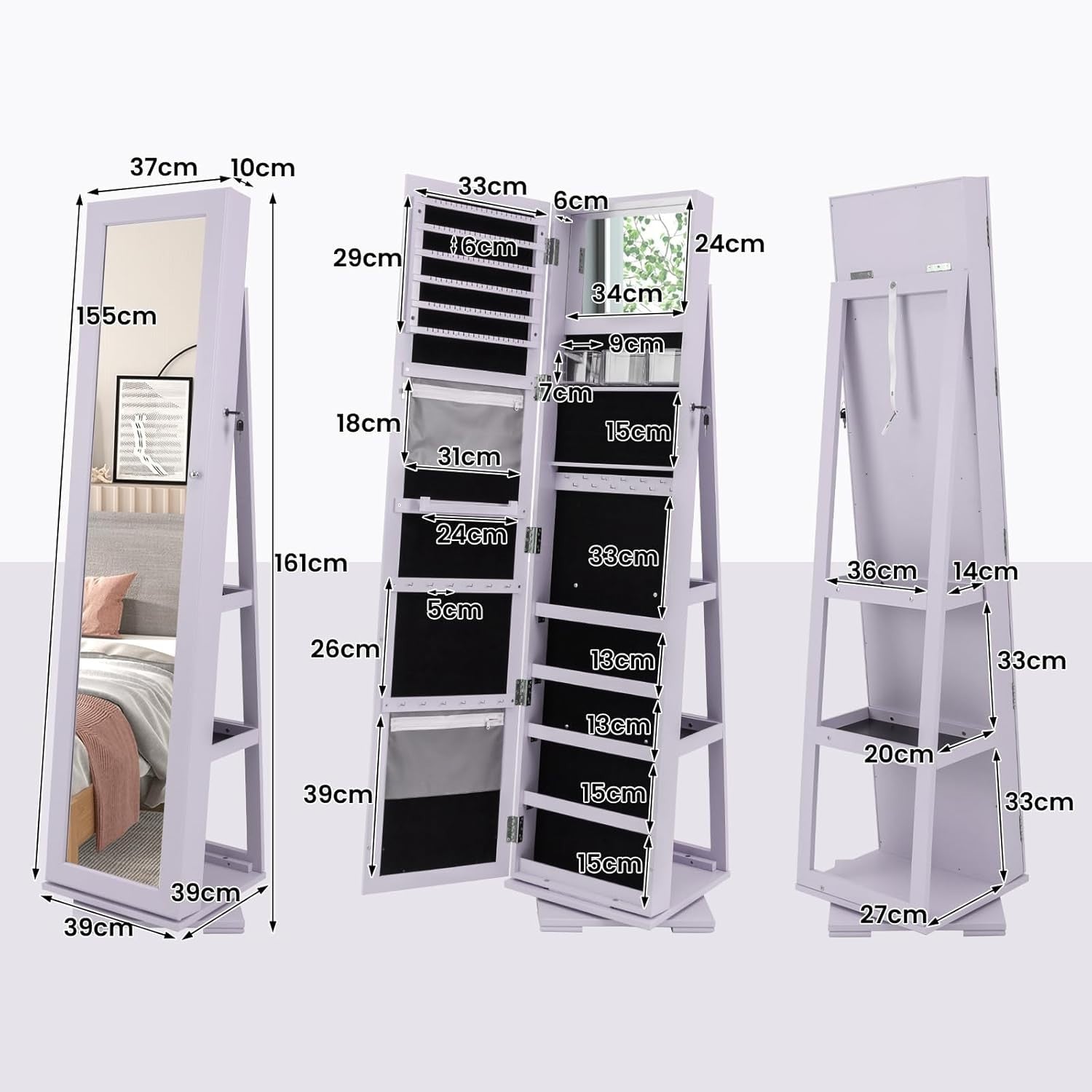 Purple 360° Swivel Jewelry Cabinet Mirror Lockable 3-in-1 Storage Stand