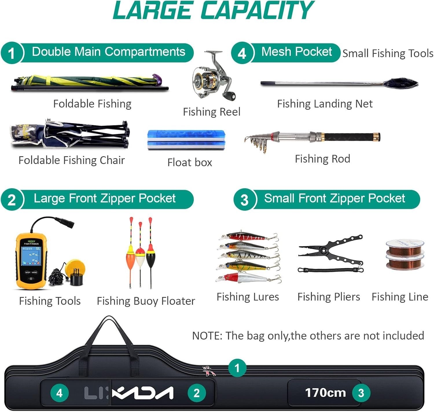 170cm Fishing Rod Reel Bag Portable Tackle Case with Shoulder Strap