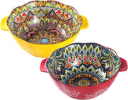 Henten Home Bohemian Salad Bowl Set of 2 – 49 oz Large Ceramic with Handles