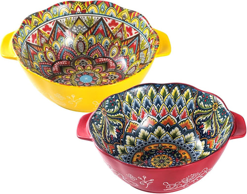 Henten Home Bohemian Salad Bowl Set of 2 – 49 oz Large Ceramic with Handles