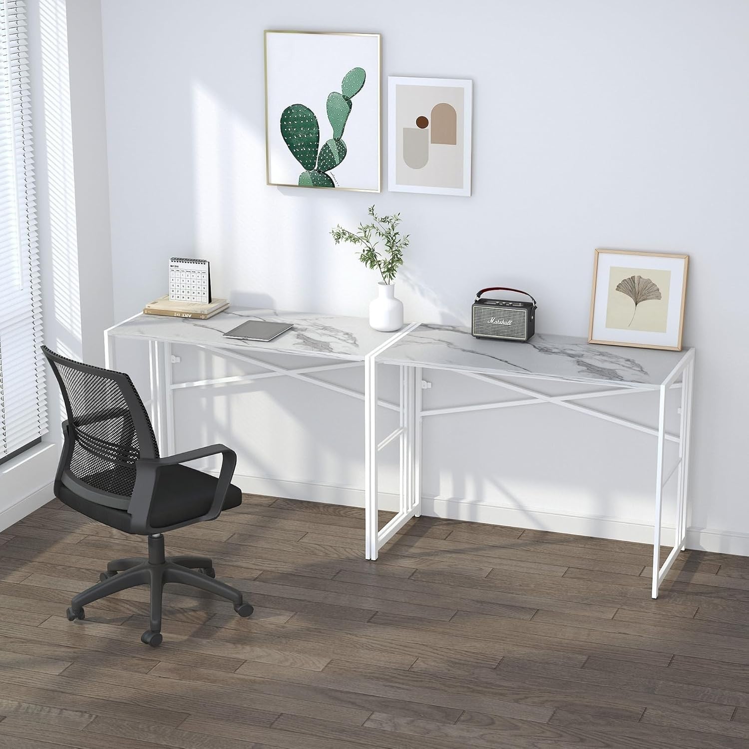 Folding Desk 103cm White Marble No Assembly Home Office Computer Table