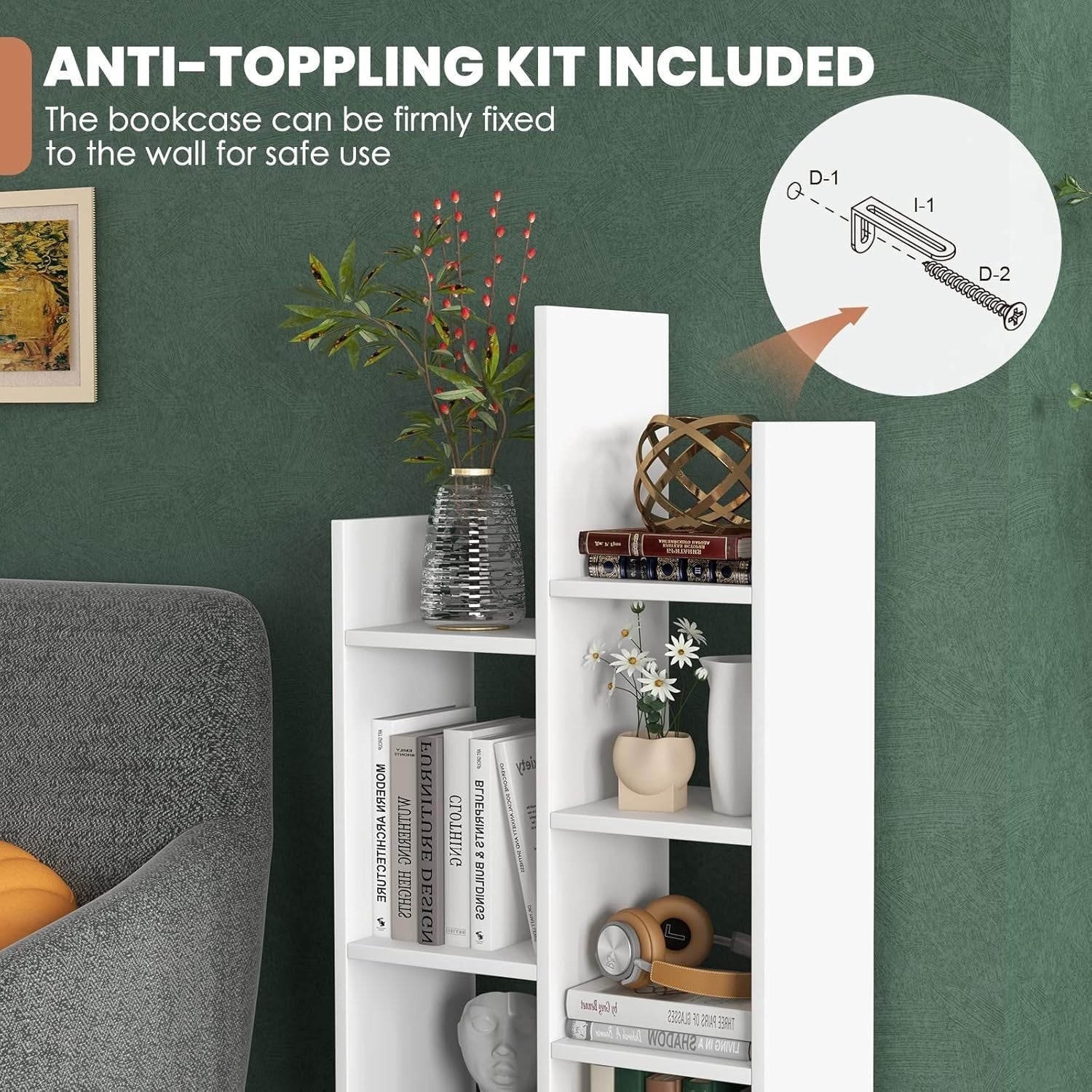 7-Tier White Wooden Bookshelf with Folding Drawer, Space-Saving Storage