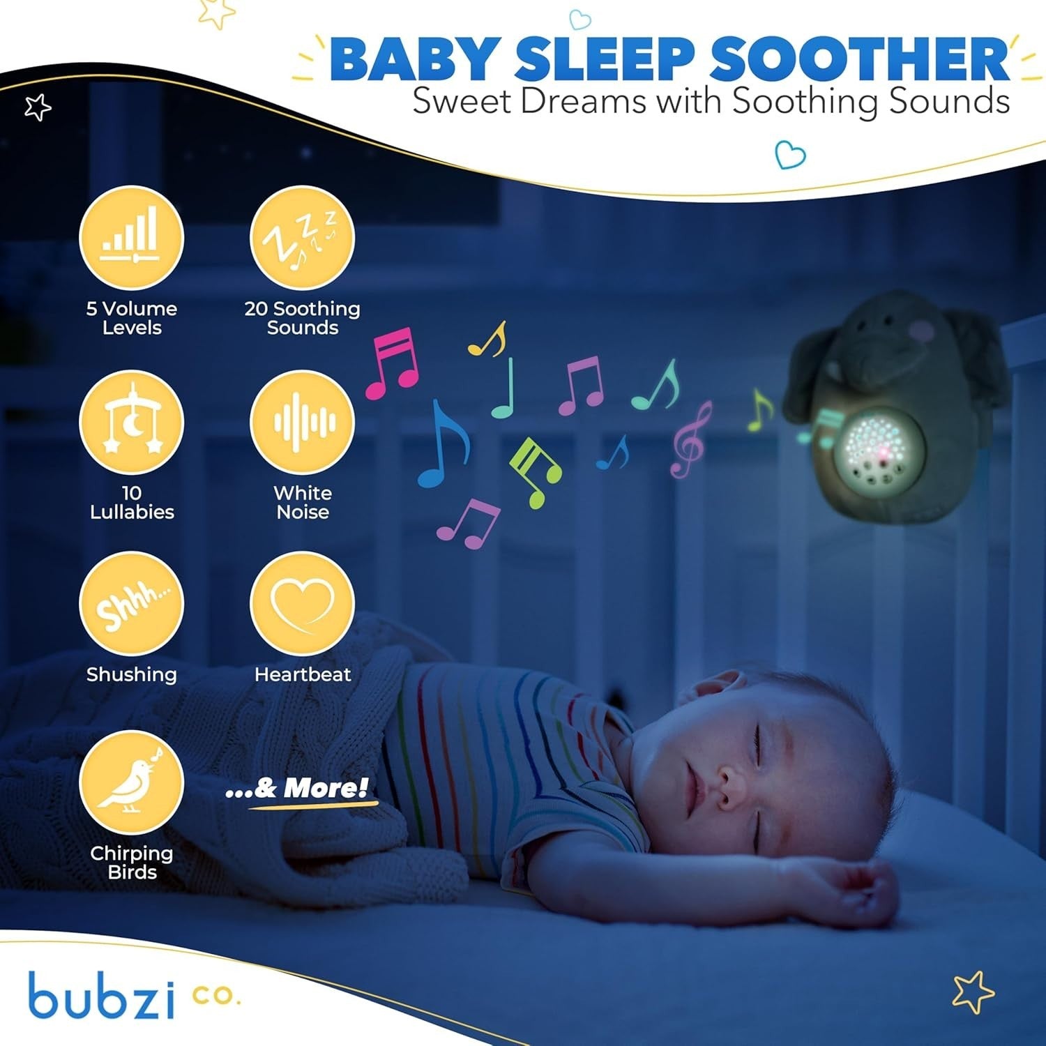 Elephant Baby White Noise Sound Machine with Night Light, Portable Sleep Aid
