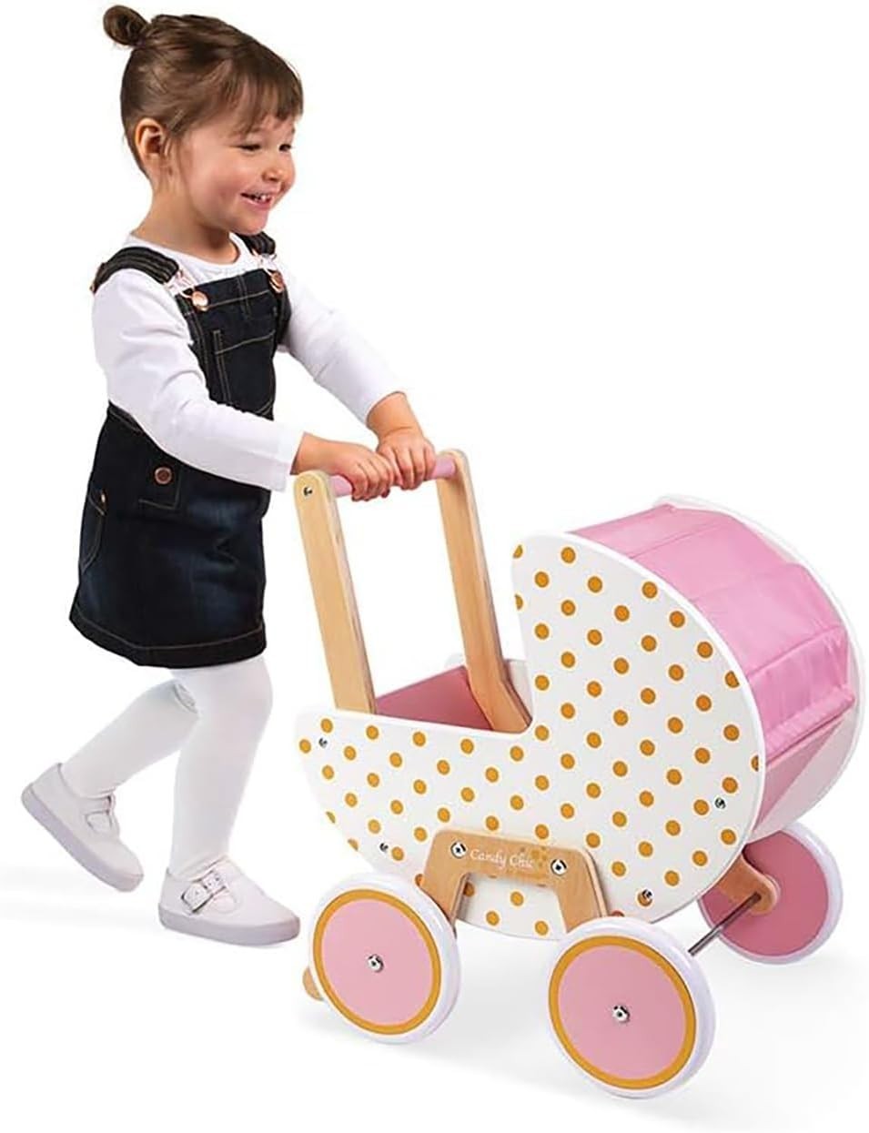 Wooden Candy Chic Doll Pram Pink/White with Pillow & Blanket Quiet Rubber Wheels