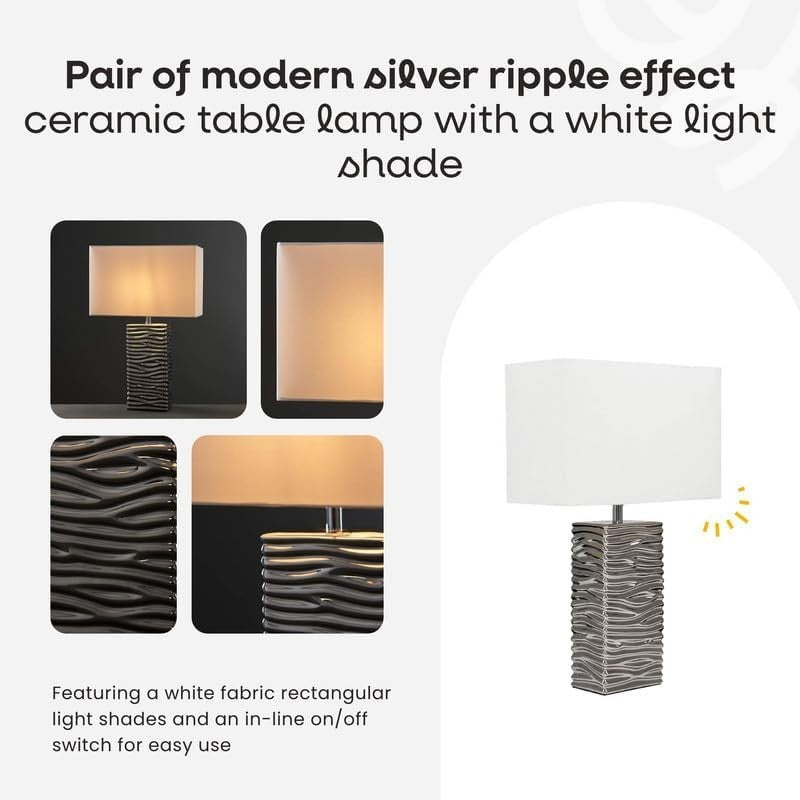 Modern Ceramic Table Lamps with Ripple Effect & White Shade, Pair