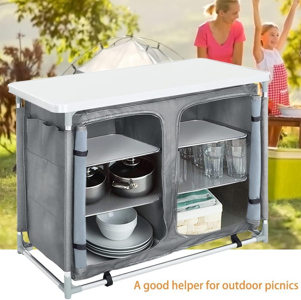 Portable Camping Kitchen Storage Unit with Aluminium Frame & 6 Compartments