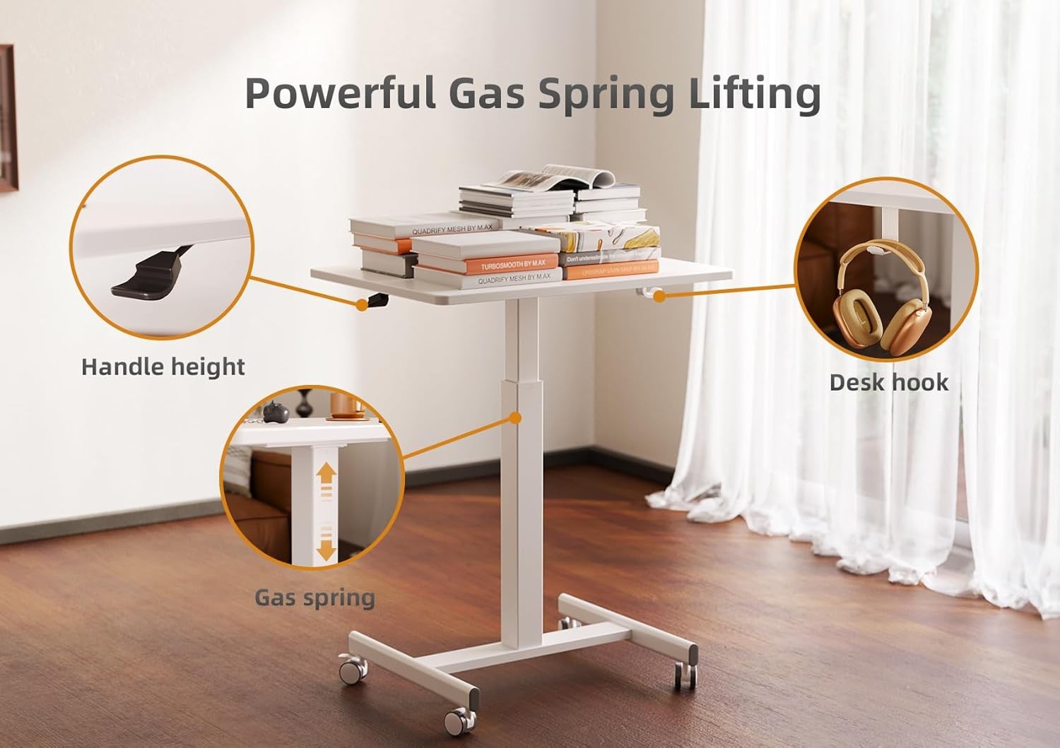 Mobile Standing Desk Height Adjustable Rolling Laptop Table Home Office 65x48cm
