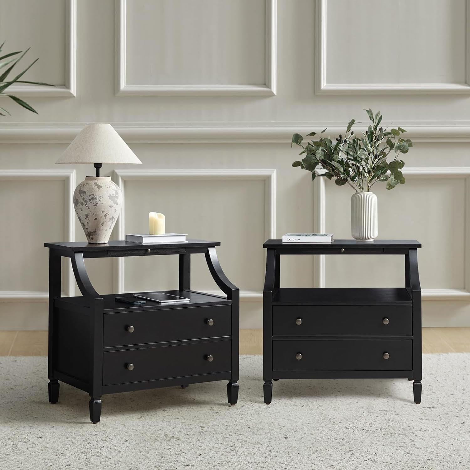 Set of 2 Modern Black Bedside Tables with 2 Drawers & Open Shelf