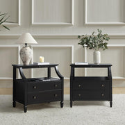 Set of 2 Modern Black Bedside Tables with 2 Drawers & Open Shelf