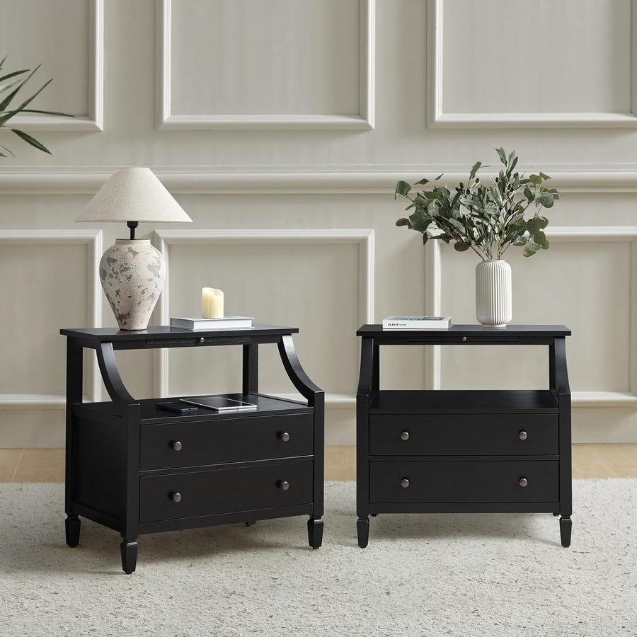Set of 2 Modern Black Bedside Tables with 2 Drawers & Open Shelf