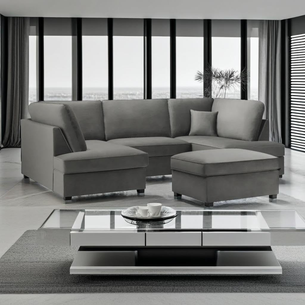 4PC U Shape Sofa with Footstool – Grey Plush  Sectional – 5/6 Seater Modular.