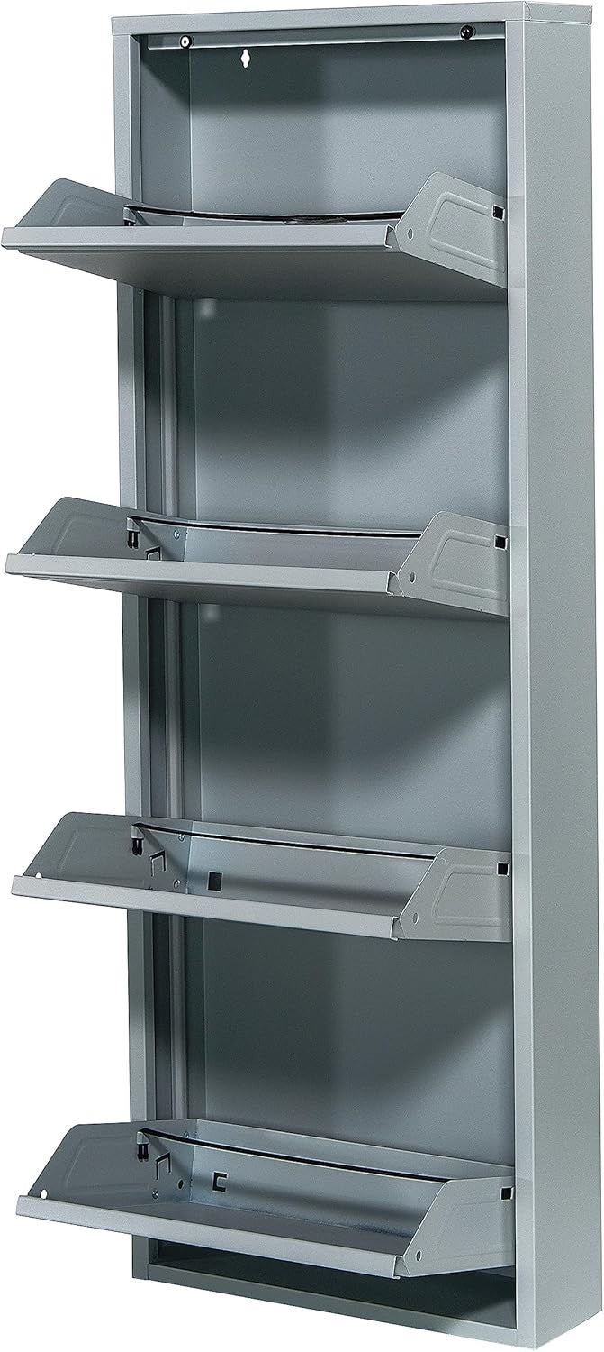 Slim Wall Mounted Shoe Cabinet 4-Tier Metal Storage Rack 138cm Grey
