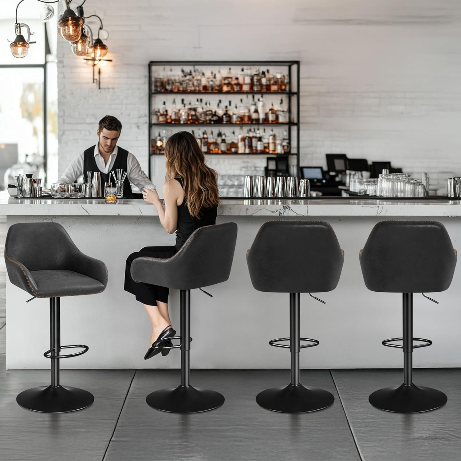 Adjustable Black Leather Bar Stools Set of 2 Swivel Counter Chairs