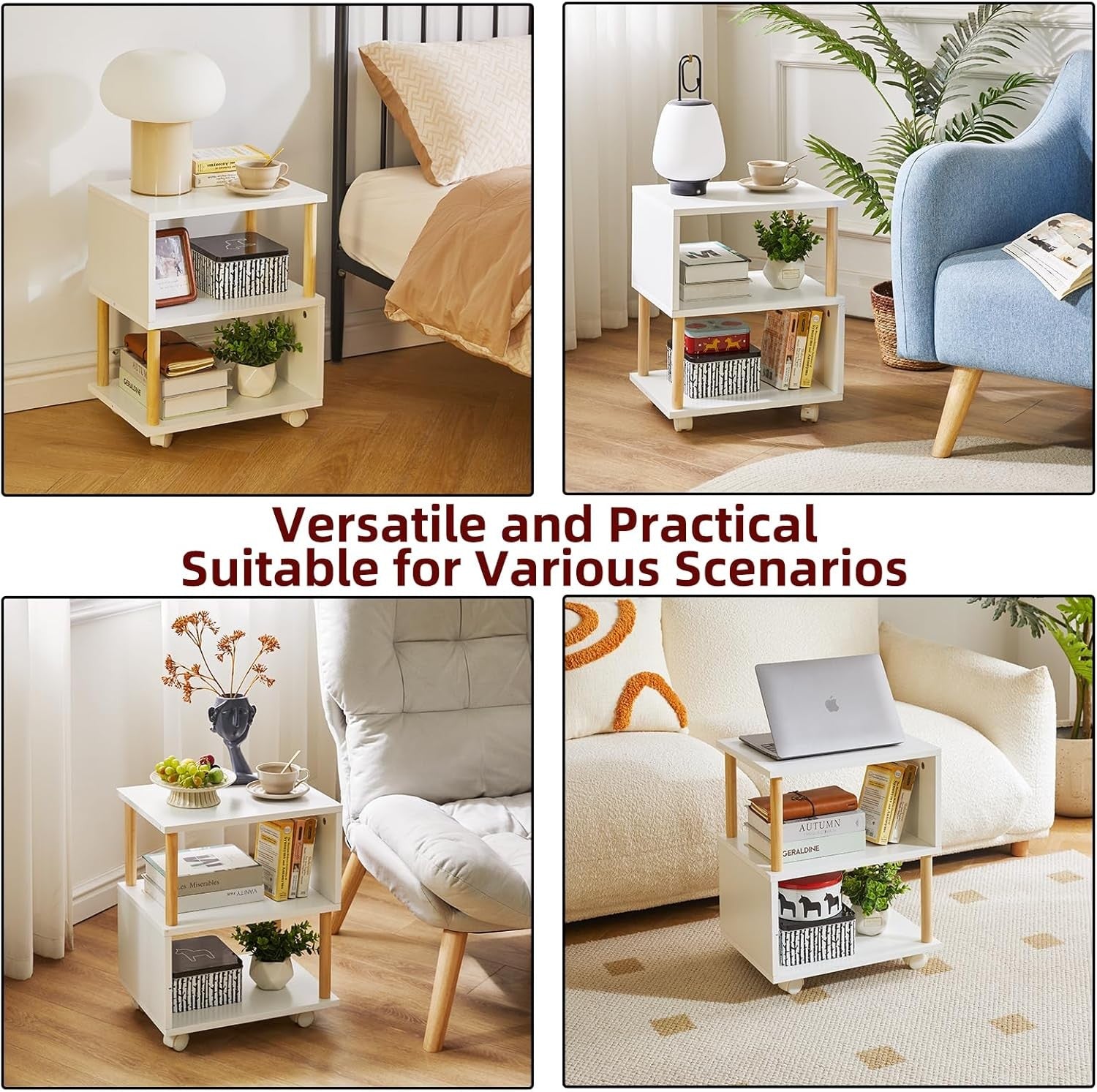 White 3-Tier Bedside Table with Wheels, Narrow Side Table for Small Spaces
