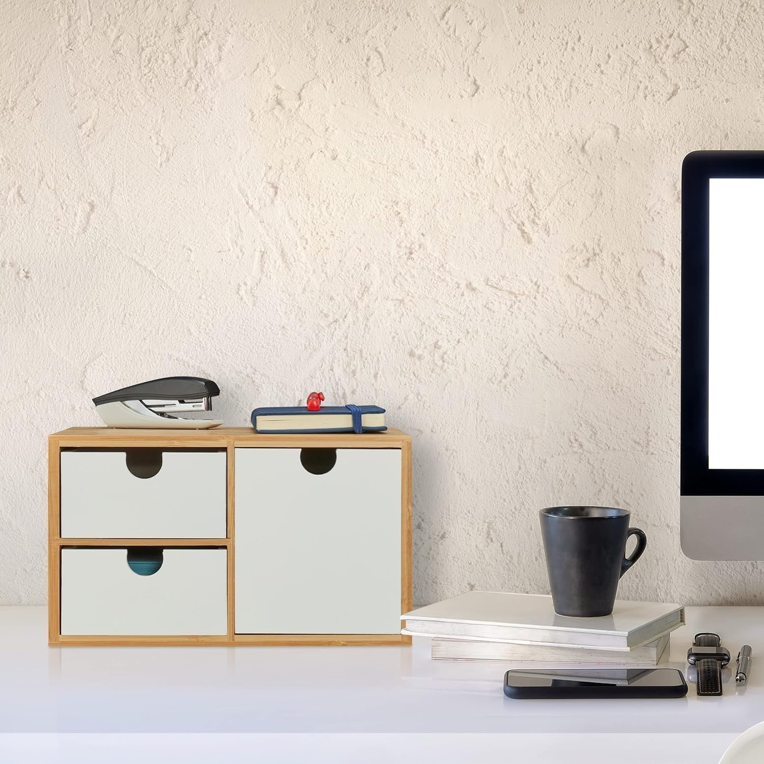 3-Drawer Bamboo & MDF Desk Organiser – Office Supplies Storage