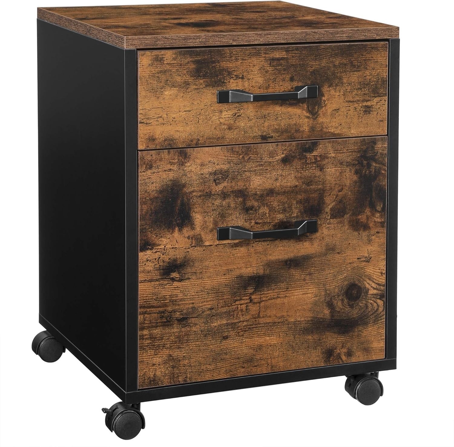Rustic Brown & Black 2-Drawer Rolling Filing Cabinet – A4 Office Storage Unit