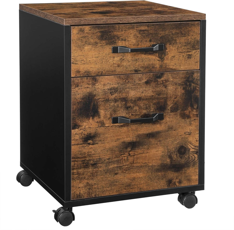Rustic Brown & Black 2-Drawer Rolling Filing Cabinet – A4 Office Storage Unit