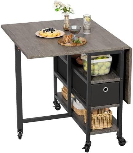 Grey Oak Folding Dining Table Drop Leaf Mobile with Storage 120cm