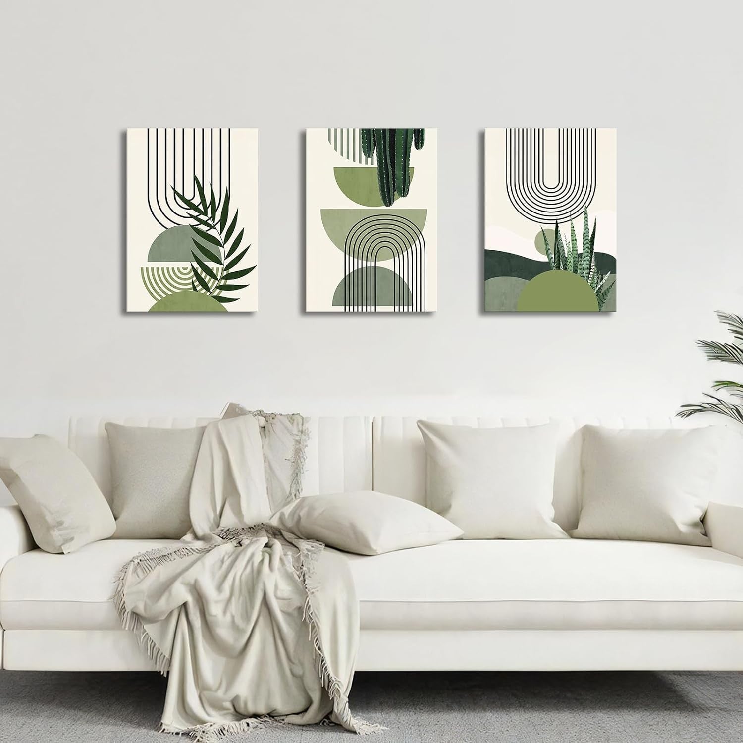 Set of 3 Framed Sage Green Botanical Canvas Wall Art 50x70cm
