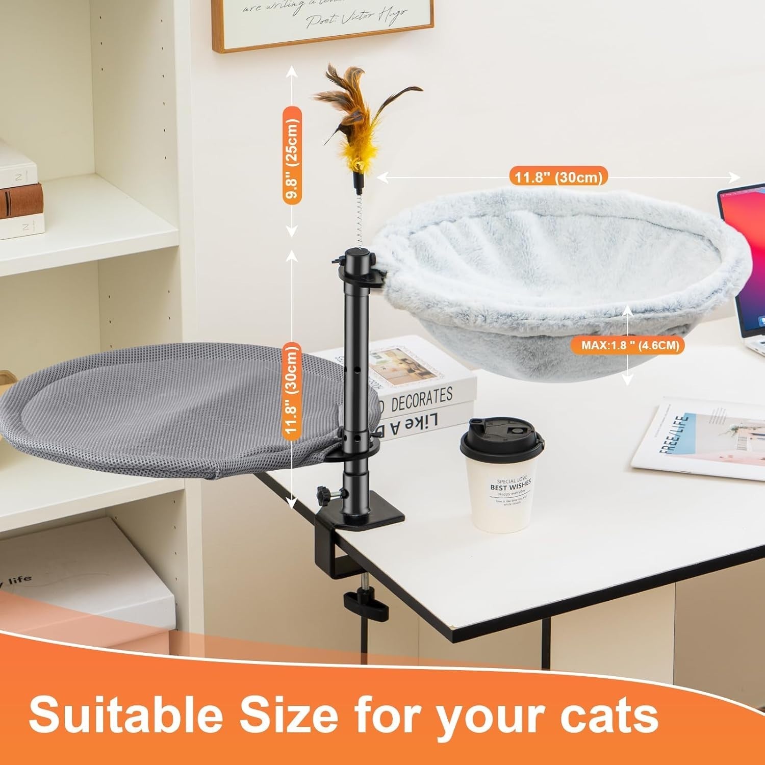 Adjustable Cat Desk Perch 360° Rotating Clamp On Bed w Washable Covers