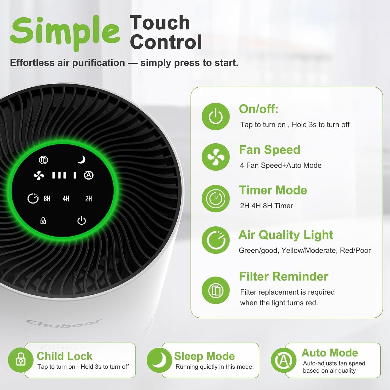 HEPA Air Purifier Large Room 1200ft² Quiet Sleep Pets Allergy
