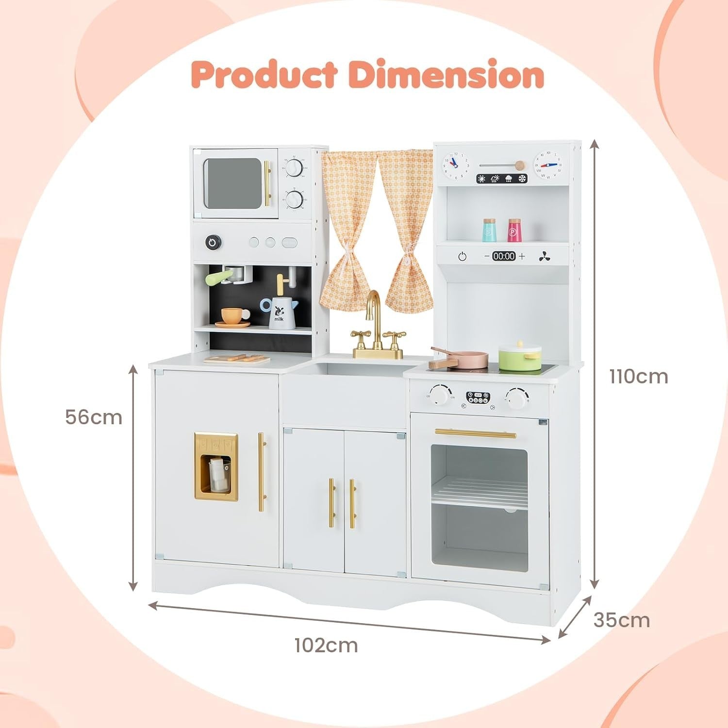 Kids Wooden Play Kitchen White w/ Ice Maker Microwave Accessories