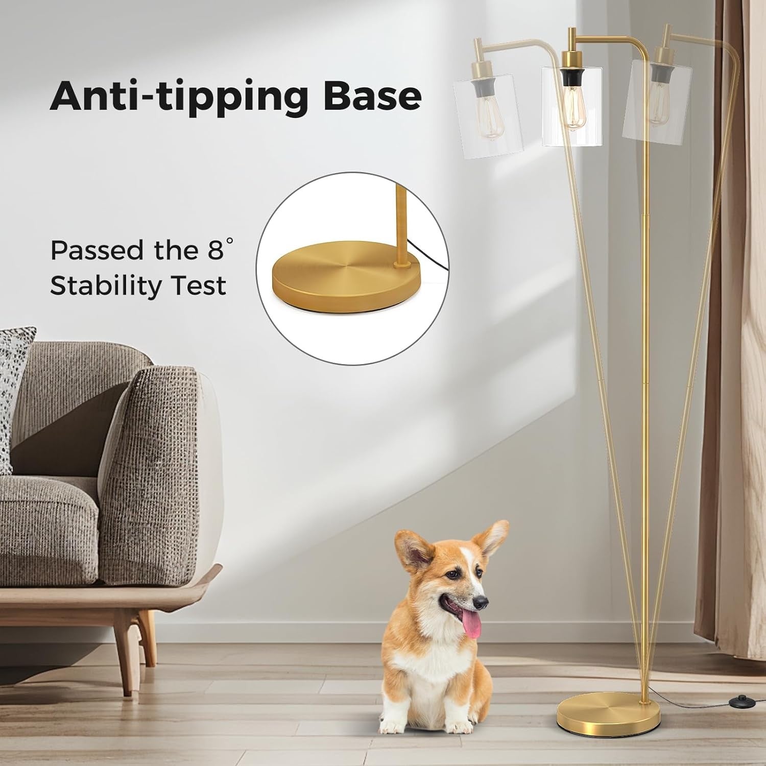 Gold Floor Lamp Hanging Glass Shade E27 Modern Standing Reading Light
