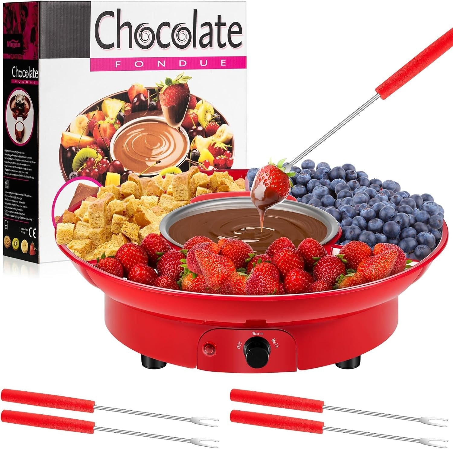 Electric Fondue Pot Set Chocolate Melting Kit Forks Tray Red