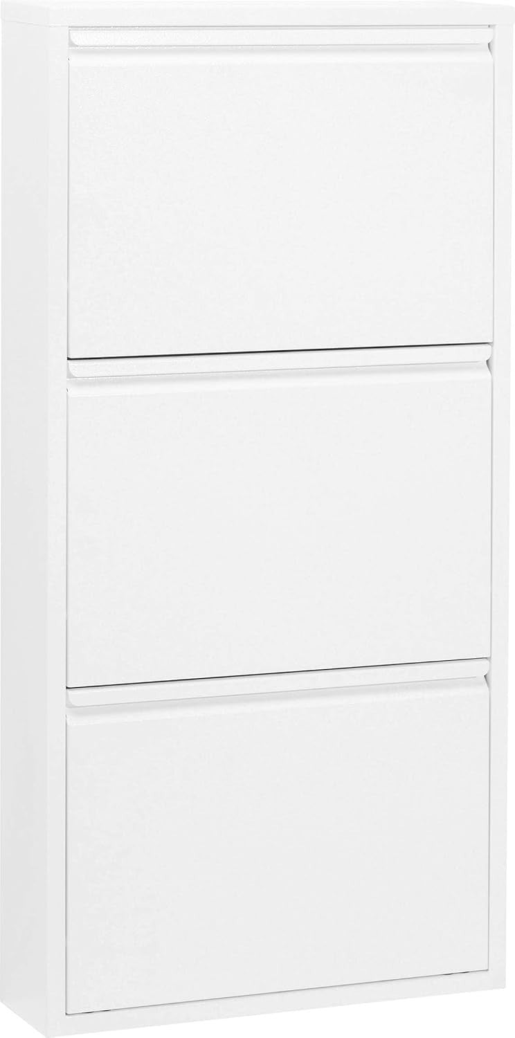 Slim 3-Tier Steel Shoe Cabinet with Tilt Compartments, Space-Saving Design