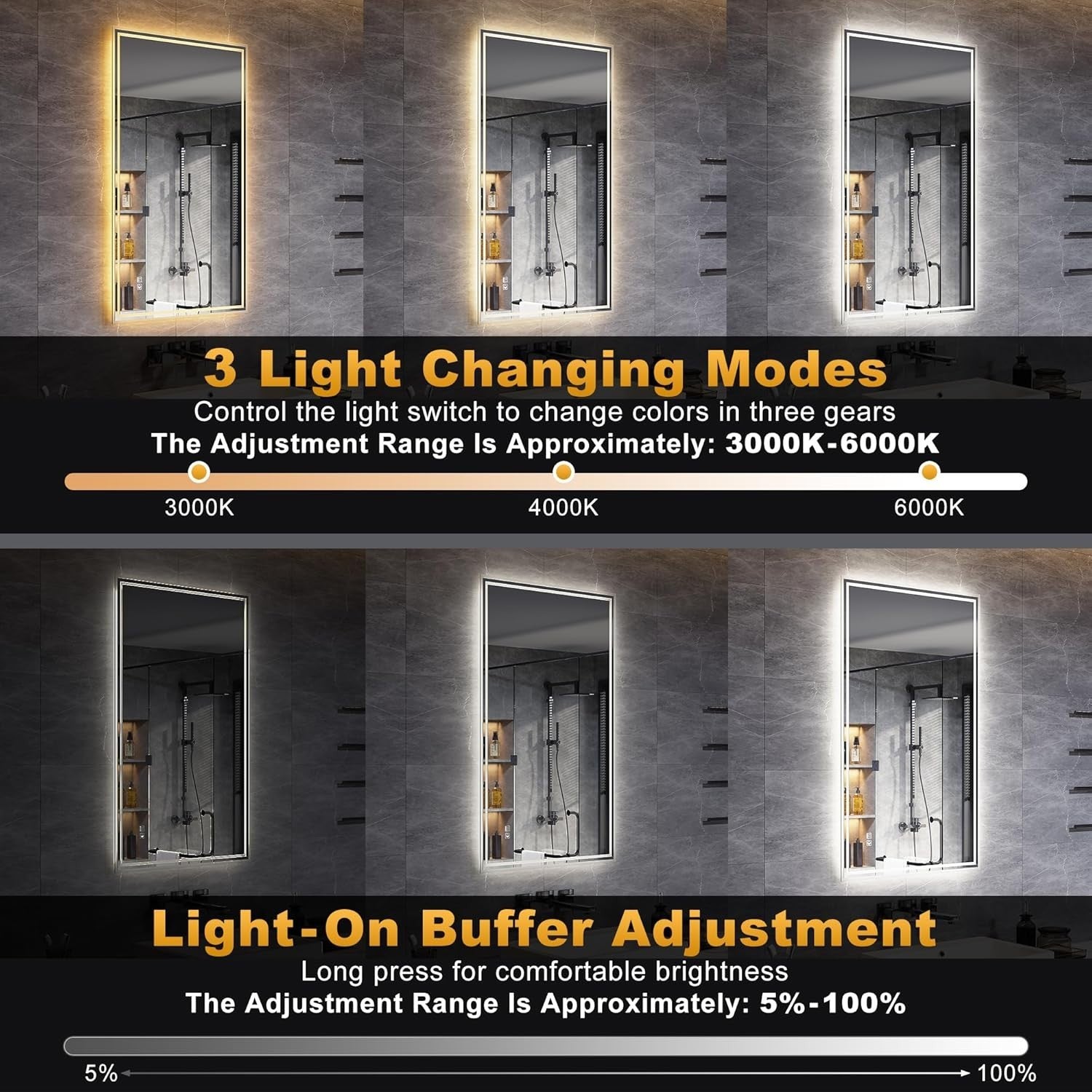 LED Bathroom Mirror 100x60cm with Demister, Dimmable Lights, Touch Sensor