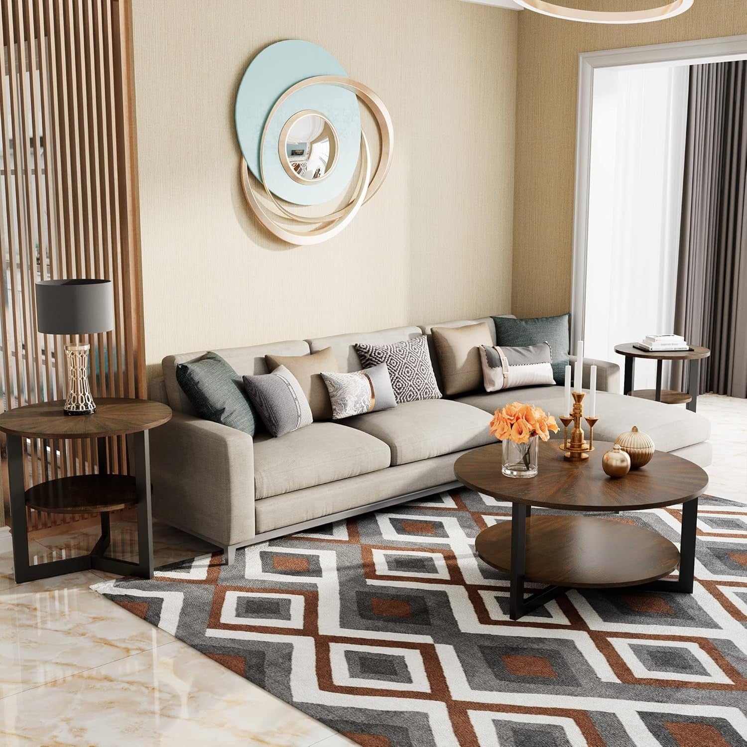 Round Coffee Table with 2-Tier Storage, Solid Wood & Metal Frame 85x45.3cm