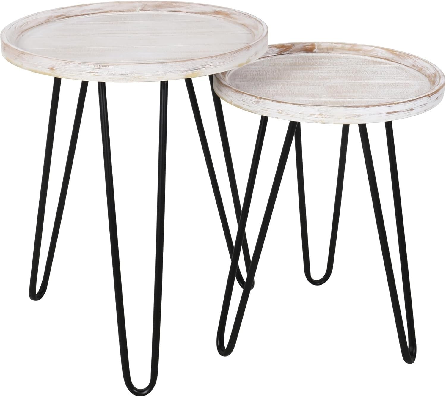 Distressed White Round Nesting Coffee Table Set Wood Metal Storage Living Room