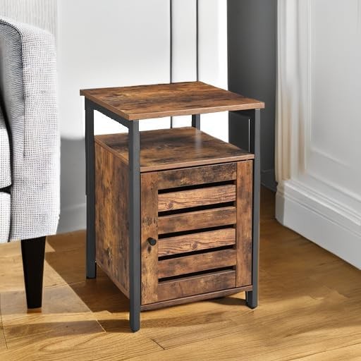 Rustic Brown Industrial Bedside Table with Drawer & Adjustable Shelf