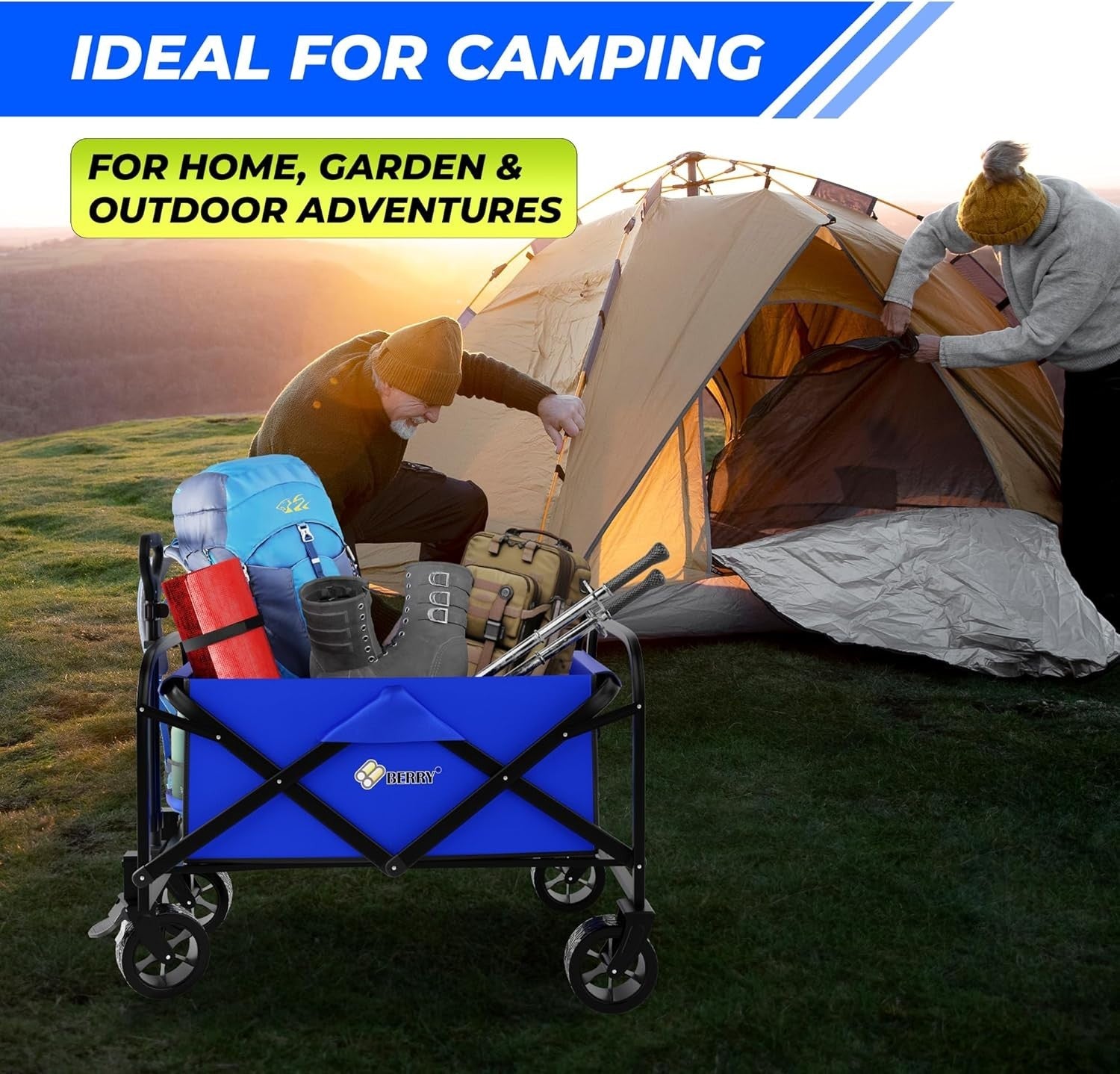 Blue 100kg Heavy Duty Folding Festival Trolley Camping Beach Utility Wagon Cart