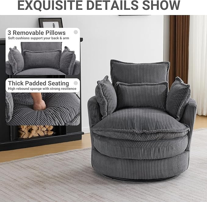 Grey Swivel Barrel Accent Chair 360° Rotating Cuddle Tub Sofa