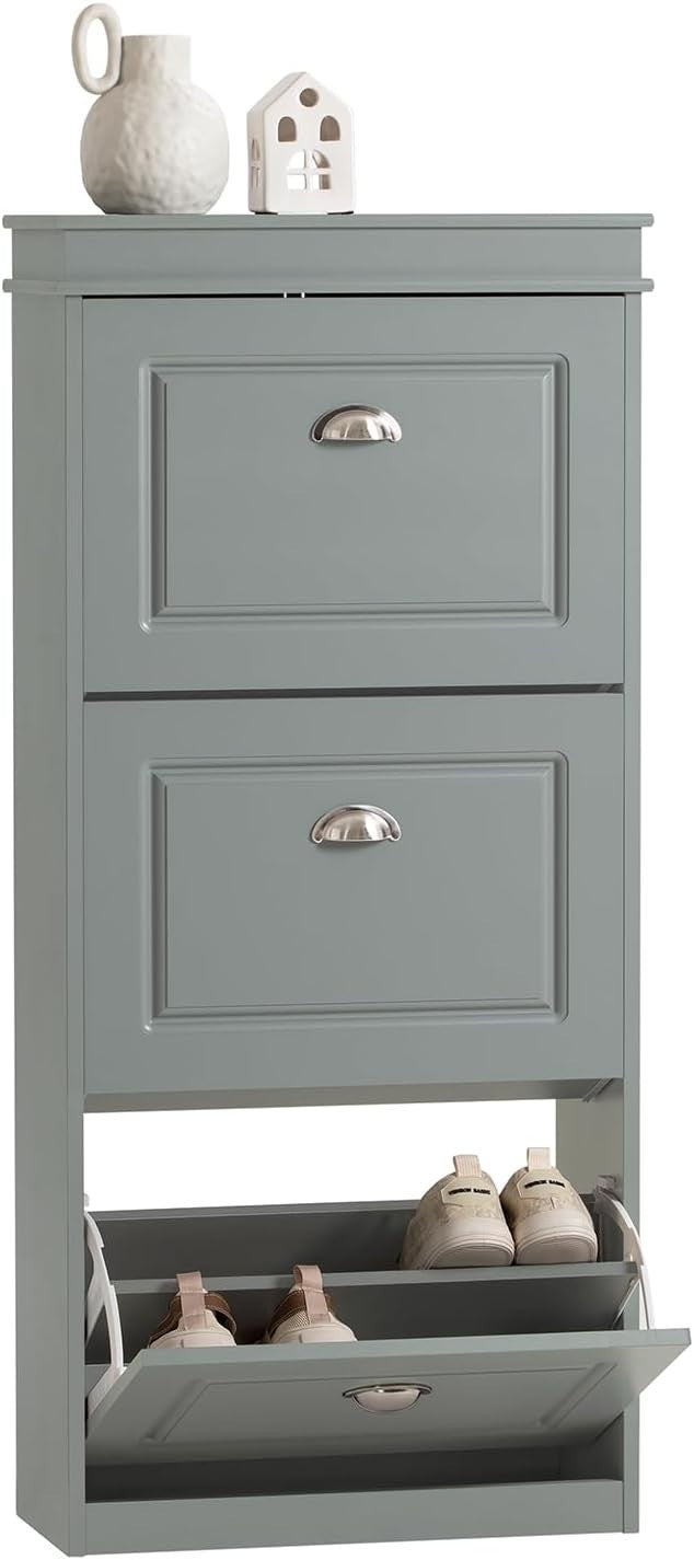 3 Flip-Drawer Slim Shoe Cabinet Storage Unit 53x24x117 cm Grey