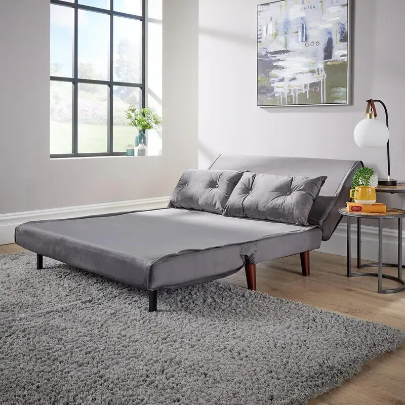 Grey Velvet Double Sofa Bed Chair with Pillows Folding Guest Sleeper