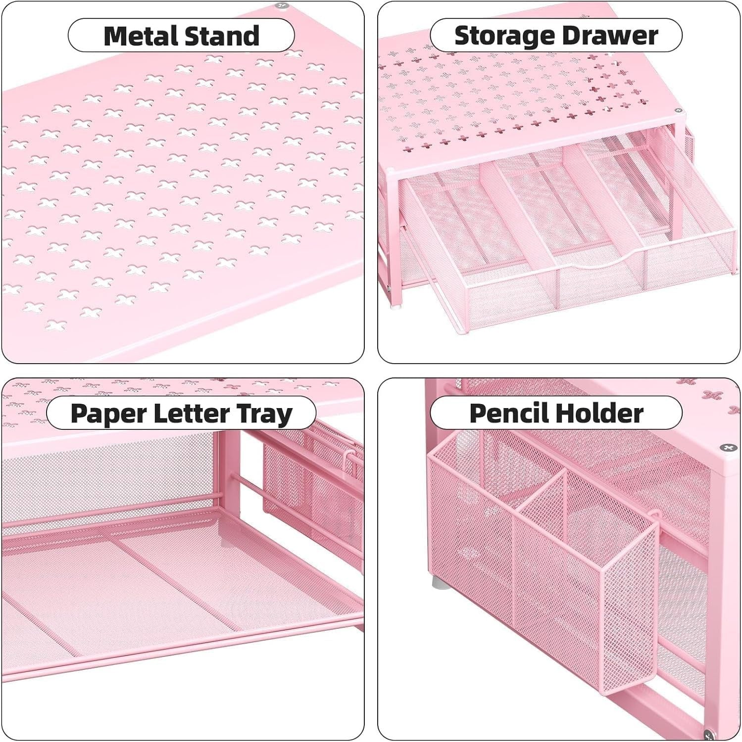 2-Tier Pink Desktop Printer Stand with Drawer, Pen & Paper Organizer