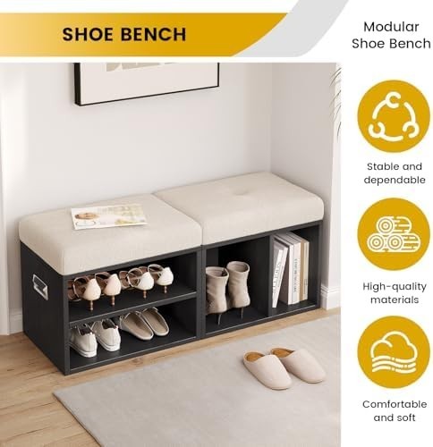 2-Piece Shoe Bench Cushioned Seat 2-Tier Storage Rack with Handles Black 100cm